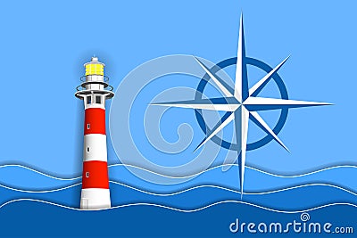 Lighthouse in ocean waves and sign of a compass. Paper layers and shapes as sea landscape Vector Illustration