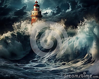 The lighthouse ocean waves storm art was created by technology. Cartoon Illustration