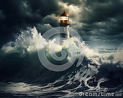 The lighthouse ocean waves storm art was created by technology. Cartoon Illustration