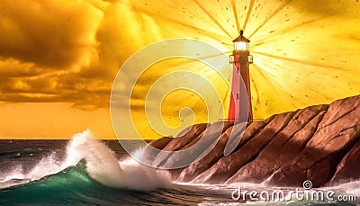 A lighthouse with an orange sky Stock Photo