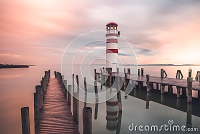 Lighthouse with a Pier at Sunrise Stock Photo