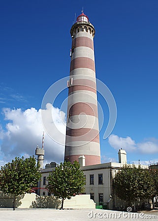 Lighthouse of Praia da Barra, the tallest lighthouse in Portugal, panoramic shot, Aveiro Editorial Stock Photo