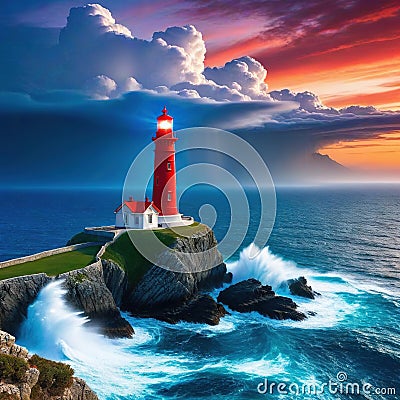 lighthouse on rock in the middle of Cartoon Illustration