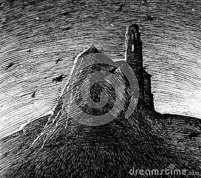 Lighthouse on rock at night sketch Stock Photo