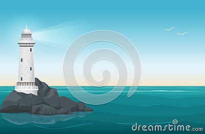 Lighthouse on rock stones island landscape. Navigation Beacon building in ocean. Vector illustration. Vector Illustration