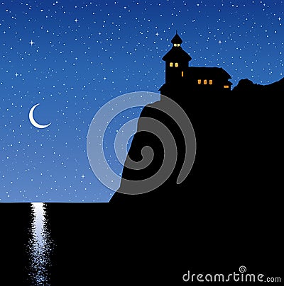 Lighthouse on a rock. Vector drawing Vector Illustration