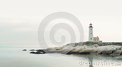 A lighthouse on a rocky shore with a cloudy sky in the background. AI Stock Photo