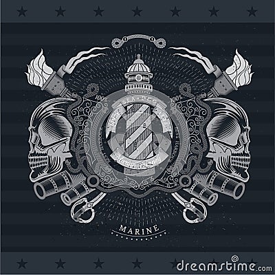 lighthouse with round ribbon between skull profile and vintage weapons. Marine label on black Vector Illustration