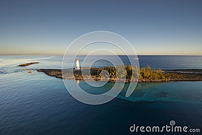 Lighthouse and sail ship, Paradise Island in Nassau, Bahamas Stock Photo