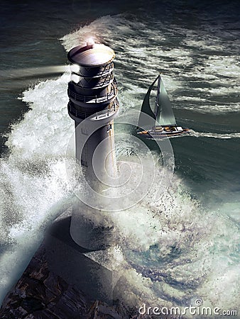 Lighthouse and sailboat Stock Photo