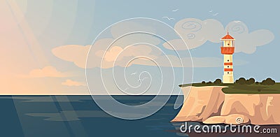 Lighthouse and seascape vector illustration, cartoon flat lighthouse tower on rock stone island, blue sea bay landscape Vector Illustration