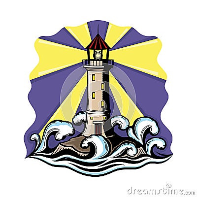 Lighthouse and sea waves sign. Vector Illustration