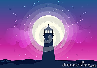 Lighthouse Silhouette Vector Moonlight Vector Illustration