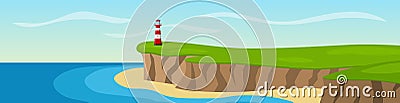 A lighthouse standing on a cliff. Panorama. Vector Illustration