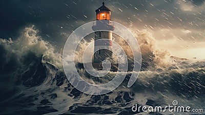 a lighthouse standing resilient against an approaching tornado or typhoon, capturing the power of nature. Stock Photo