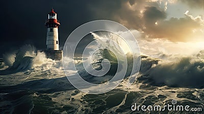 a lighthouse standing resilient against an approaching tornado or typhoon, capturing the power of nature. Stock Photo