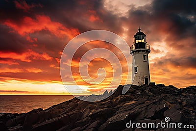 Lighthouse standing tall against dramatic sunset sky. Generative AI Stock Photo