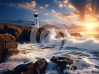 The lighthouse stands on a cliff near the ocean. Stock Photo