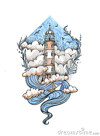 Lighthouse in the storm illustration, hand drawn ink engraving design. Nautical theme illustration concept. Cartoon Illustration