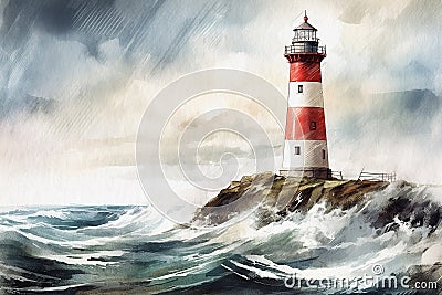 Lighthouse during a storm, seascape painted with watercolors on textured paper. Digital Watercolor Painting Stock Photo