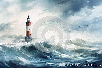 Lighthouse during a storm, seascape painted with watercolors on textured paper. Digital Watercolor Painting Stock Photo