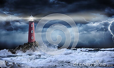 Lighthouse In Stormy Landscape Stock Photo