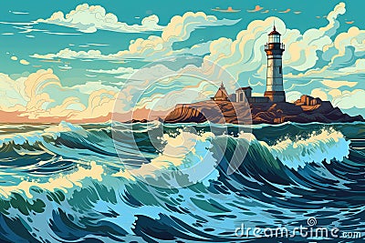 lighthouse in stormy sea big wave seascape Cartoon Illustration