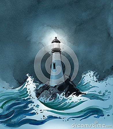 Lighthouse in the stormy sea Cartoon Illustration