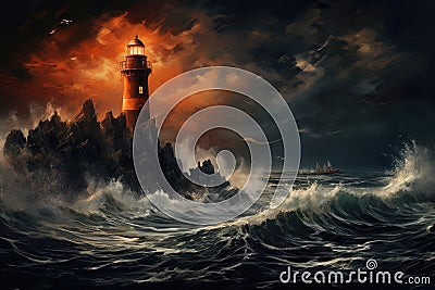 Lighthouse on a stormy sea at sunset. 3D rendering, An isolated iron lighthouse shining out to sea at night as it sits on a rocky Stock Photo