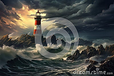 Lighthouse on stormy seascape. 3D illustration, AI Generated Cartoon Illustration