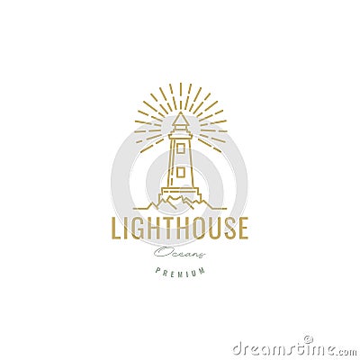 Lighthouse with sun brush line vintage logo design Vector Illustration