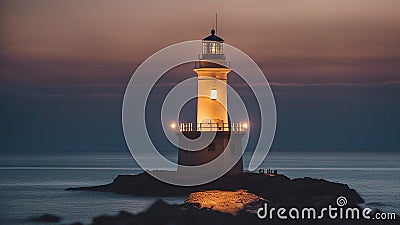 lighthouse at sunset A lighthouse at night by the sea, lighthouse is a portal to another dimension Stock Photo