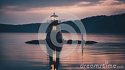 lighthouse at sunset A lighthouse in a mystical lake, where a mermaid is singing to a fisherman. Stock Photo