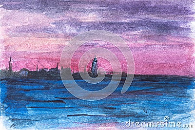 Lighthouse sunset watercolor. Children`s primitive drawing with watercolors Stock Photo