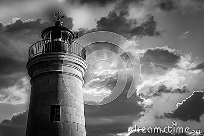 Lighthouse sunset win Black and white Stock Photo