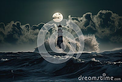 lighthouse surrounded by waves, with the moon shining above Stock Photo