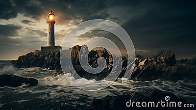 A lighthouse surrounded by waves and rocky shoreline AI Generated Stock Photo