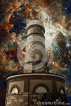 Lighthouse and the Tarantula Nebula background (Elements of this Stock Photo