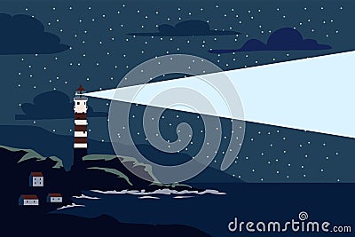 Lighthouse tower on seashore ocean with ray of light Vector Illustration