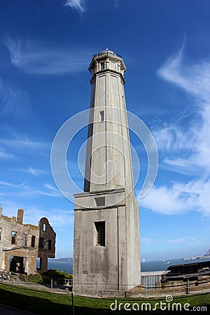 Lighthouse tower used by the Coast Guard on Alcatraz island in San Francisco, California Stock Photo