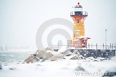 lighthouse under heavy snowfall, sea spray freezing on lens Stock Photo