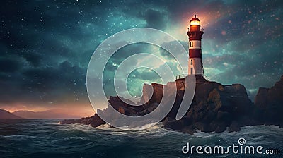 A lighthouse under night sky. Generative AI Stock Photo