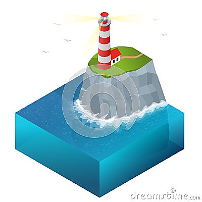 Lighthouse vector isometric illustration. Searchlight towers for maritime navigational guidance. Vector Illustration