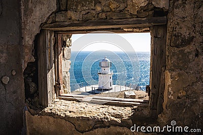 Lighthouse. View from an abandoned radio-transmission to a beacon. Cape Meganom Stock Photo