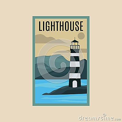 lighthouse vintage poster vector illustration design, landscape beach design Cartoon Illustration