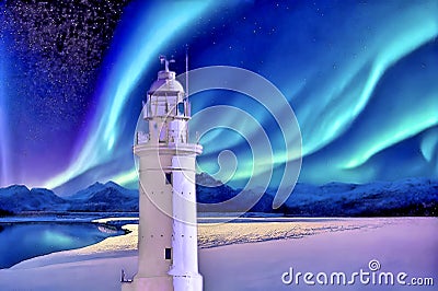 Lighthouse in winter with aurora borealis in the sky. Stock Photo