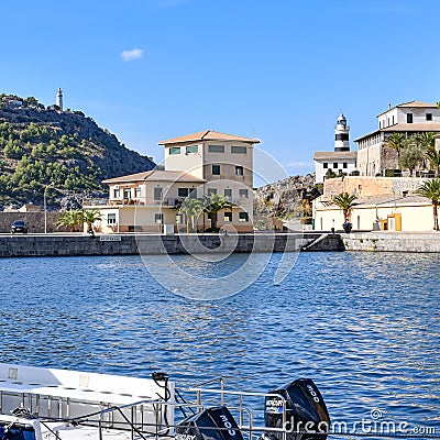 Lighthouses at the entrance to the Port de Soller, Mallorca, Spain Stock Photo