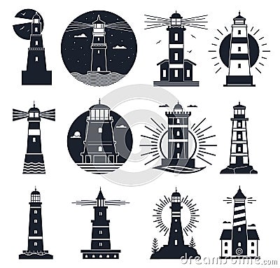 Lighthouses logo. Nautical vintage label, sea beacons, ocean with waves and seagulls. Night lighthouse tower, navigation Vector Illustration