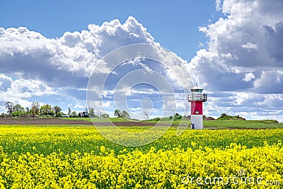 Lighthouses and a rapeseed field in south Sweden, Ven Island Stock Photo