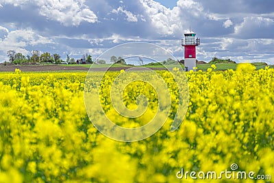 Lighthouses and a rapeseed field in south Sweden, Ven Island Stock Photo